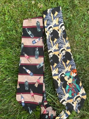 2 vintage Coca-Cola Bottle & Cartoon Mickey Tie Duo - Black, Tan, Yellow silk